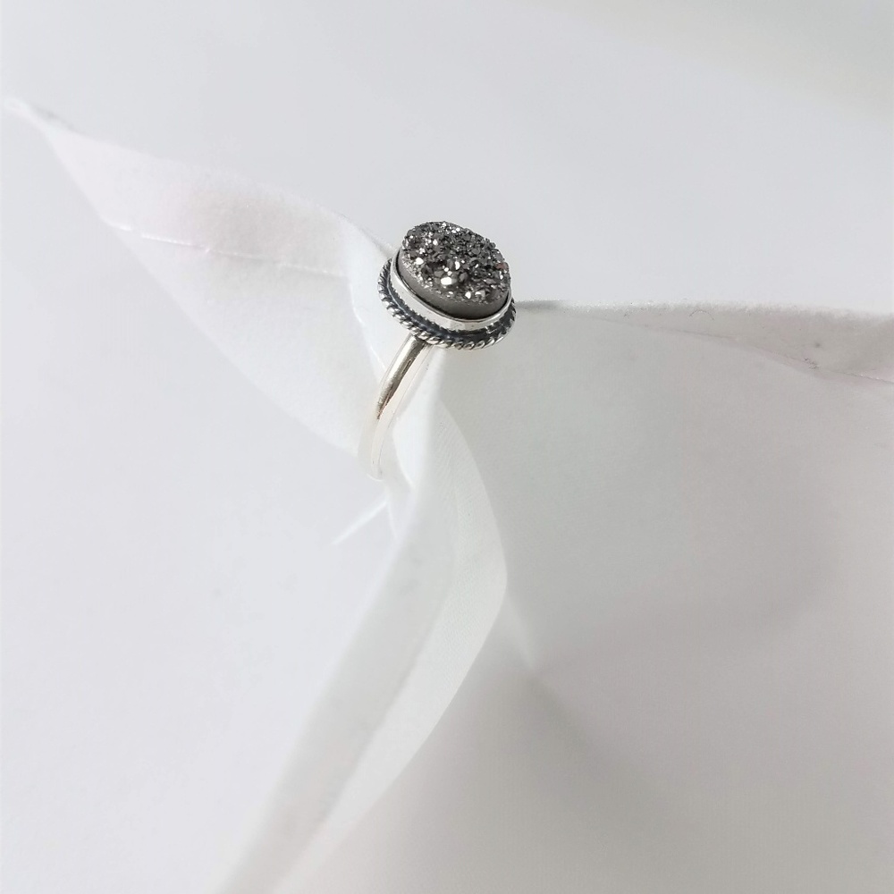 Black Druzy Crystal Ring in Sterling Silver Size 6